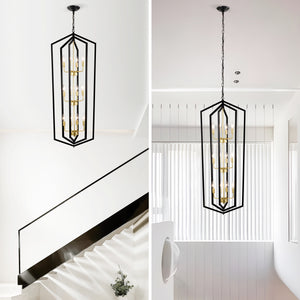 Modern black and gold geometric pendant chandelier with 12 candle-style LED lights, perfect for illuminating dining rooms with an elegant and contemporary design – available at Boltbuy.com