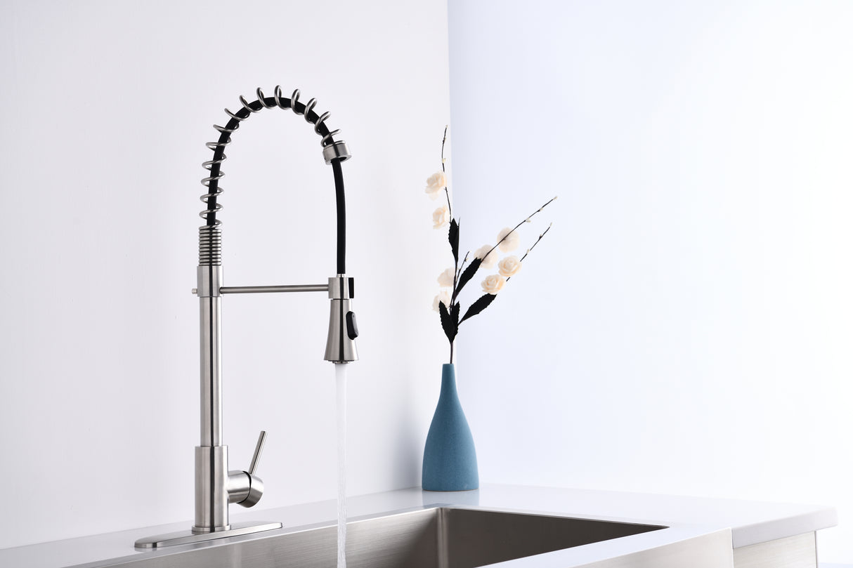 Brushed Nickle one Handle Spring High Arc Kitchen Faucet