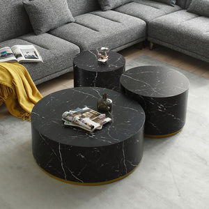 Set of 3 Black Marble Pattern  Round Coffee Table side Table End Table Set for Living Room Fully Assembled