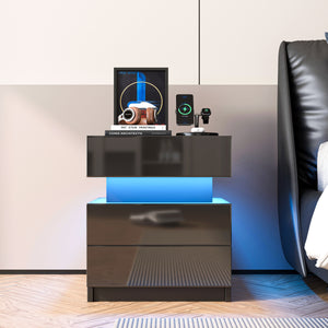 NEW LED Nightstand Modern Black Nightstand with Led Lights Wood Led Bedside Table Nightstand with 2 High Gloss Drawers for Bedroom