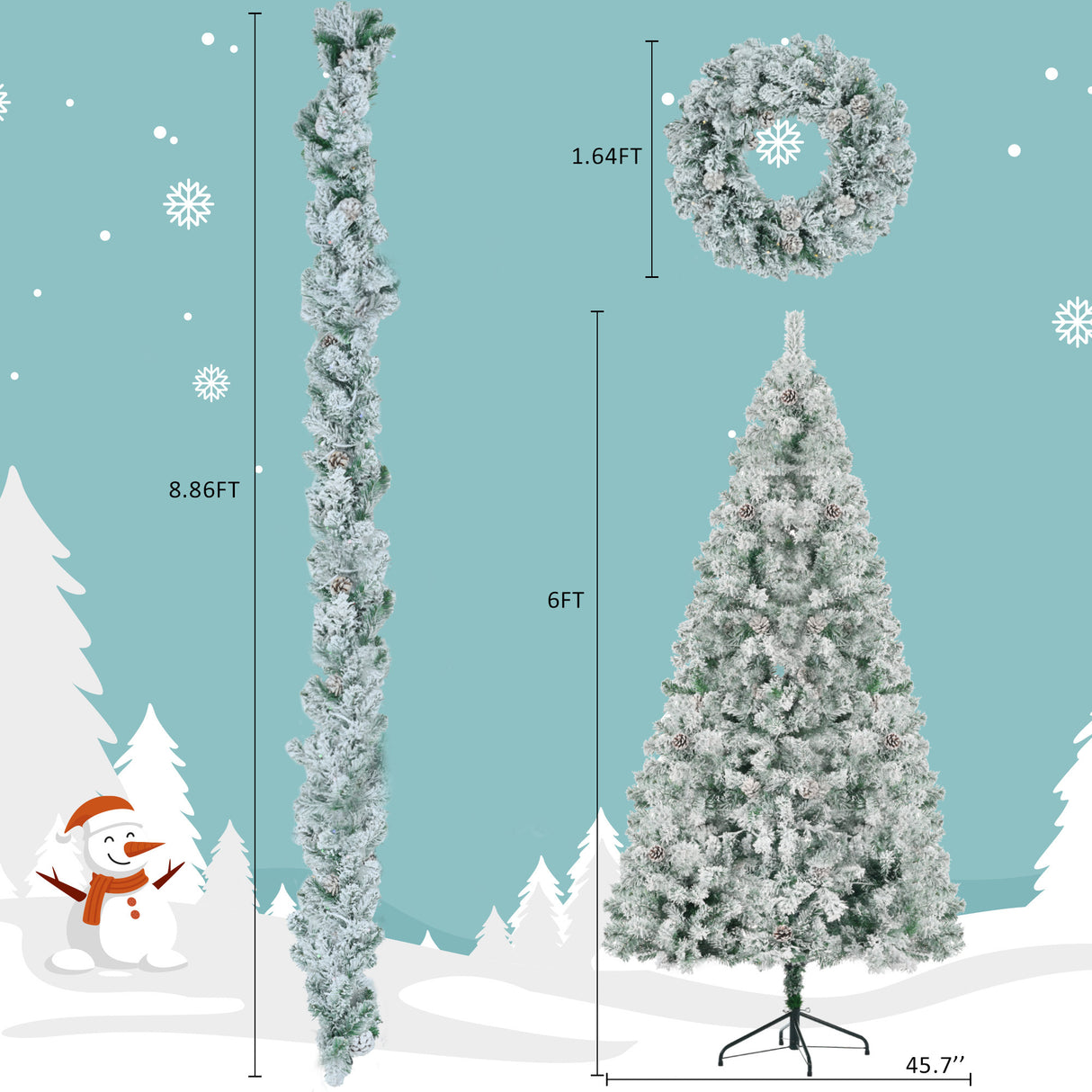 6FT Snow Flocked Christmas Tree,Garland & Wreath