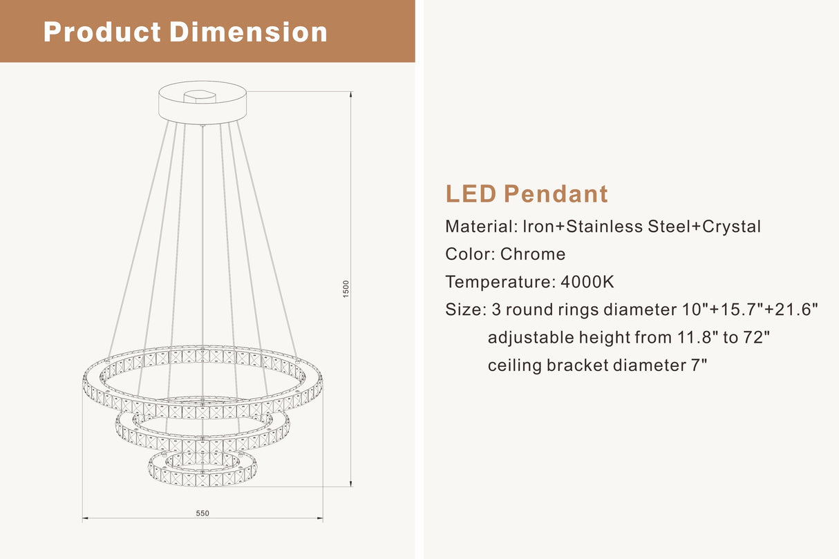 3-Layers Round Ring Chandelier, Iron Stainless Steel Crystal Chrome Color 4000K Natural White Lighting Fixtures, 60w LED Pendant Light For Living Room Dining Room