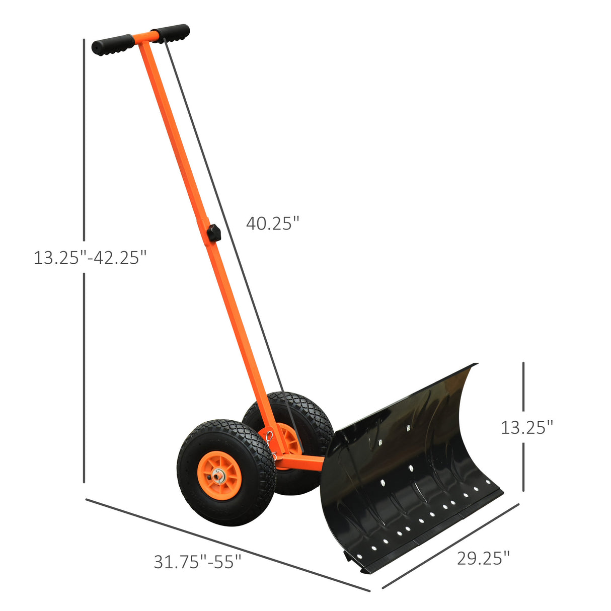 Snow Shovel with Wheels, Snow Pusher, Cushioned Adjustable Angle Handle Snow Removal Tool, 29" Blade, 10" Wheels, Orange