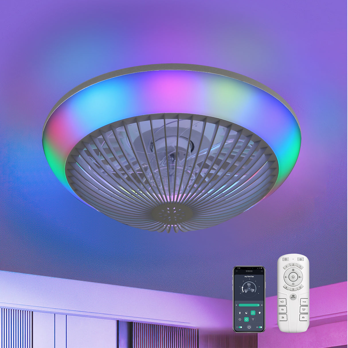 15"RGB Dimmable LED Ceiling Fan with Light