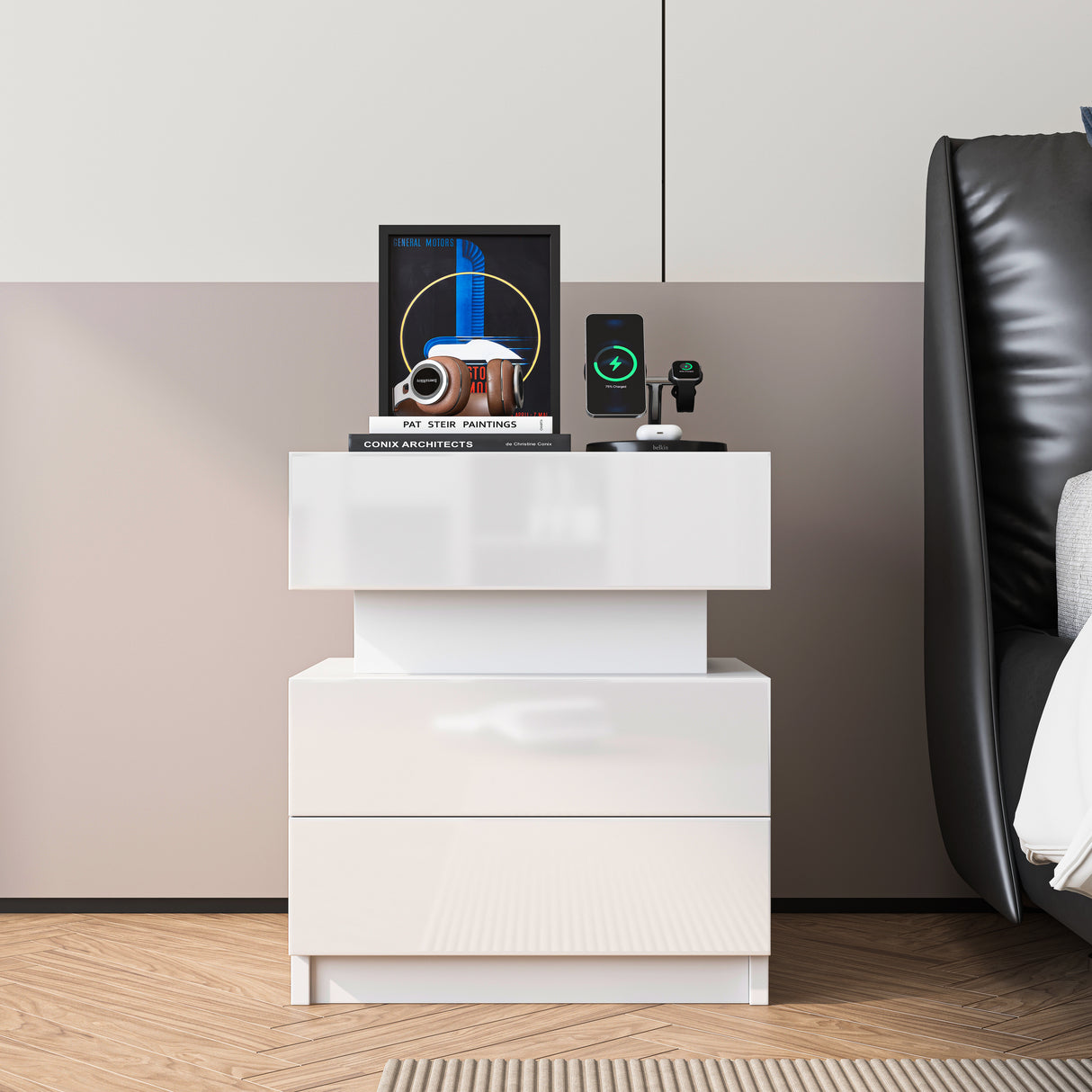 NEW LED Nightstand Modern White Nightstand with Led Lights Wood Led Bedside Table Nightstand with 2 High Gloss Drawers for Bedroom