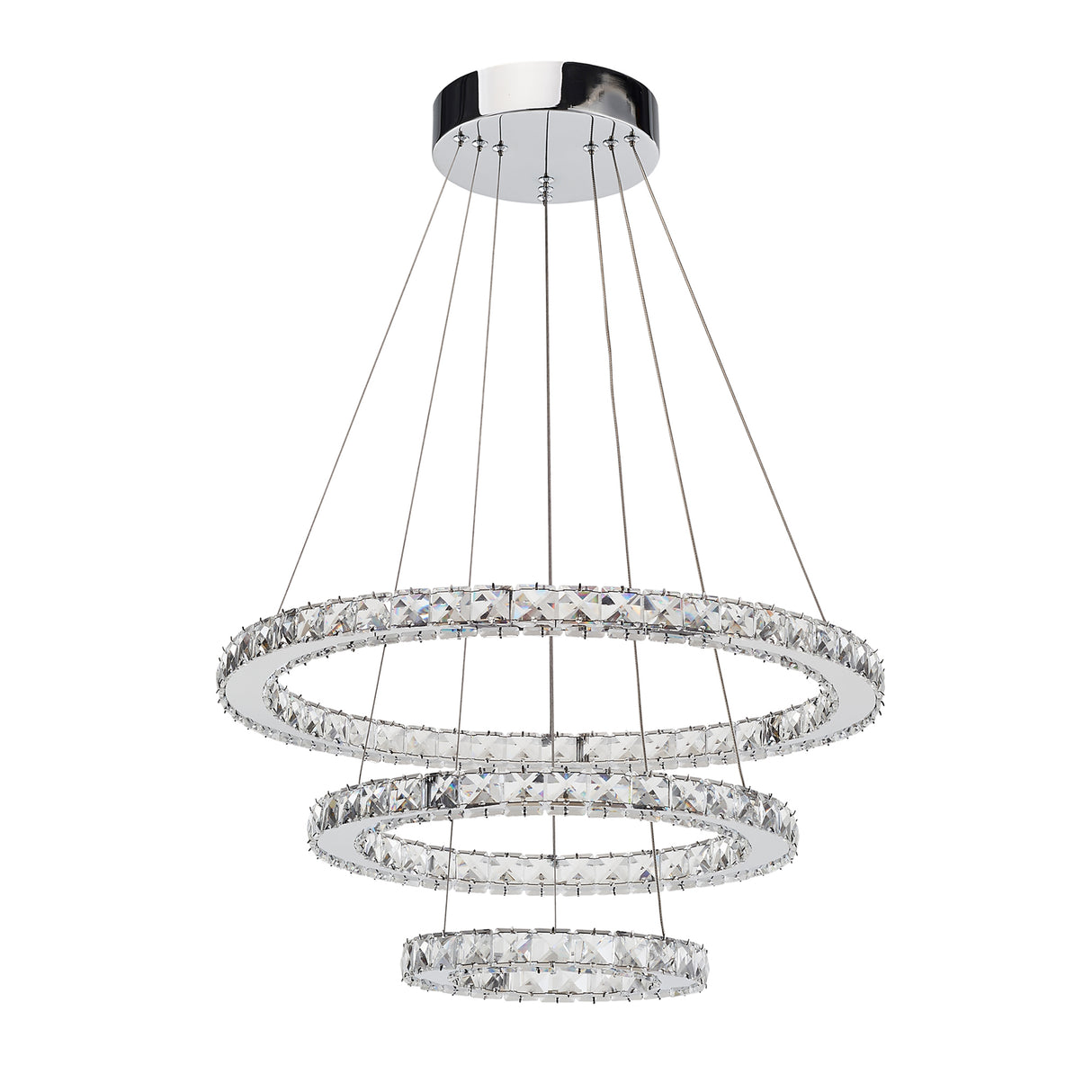 3-Layers Round Ring Chandelier, Iron Stainless Steel Crystal Chrome Color 4000K Natural White Lighting Fixtures, 60w LED Pendant Light For Living Room Dining Room