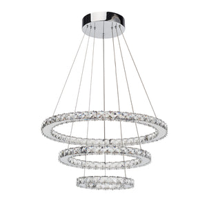 3-Layers Round Ring Chandelier, Iron Stainless Steel Crystal Chrome Color 4000K Natural White Lighting Fixtures, 60w LED Pendant Light For Living Room Dining Room