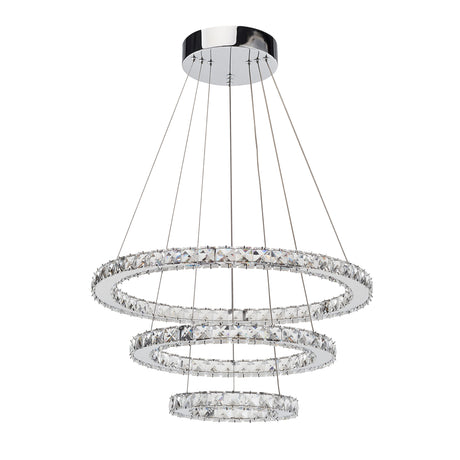 3-Layers Round Ring Chandelier, Iron Stainless Steel Crystal Chrome Color 4000K Natural White Lighting Fixtures, 60w LED Pendant Light For Living Room Dining Room