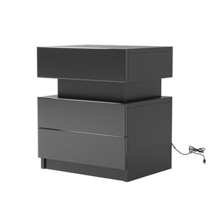 NEW LED Nightstand Modern Black Nightstand with Led Lights Wood Led Bedside Table Nightstand with 2 High Gloss Drawers for Bedroom