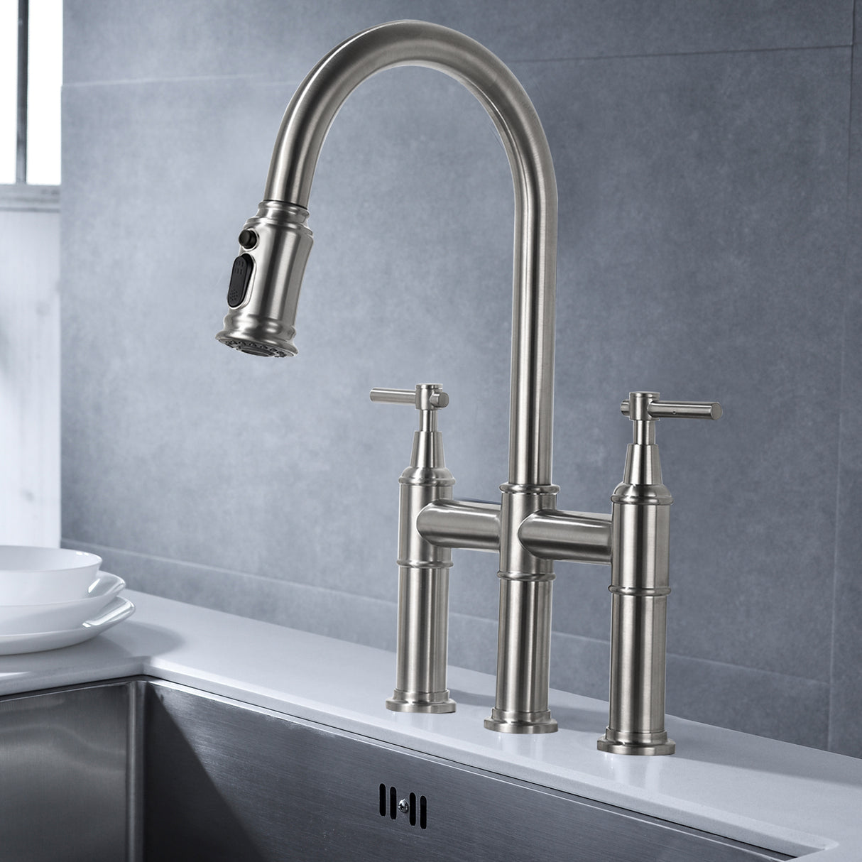 Bridge Kitchen Faucet with Pull-Down Sprayhead in Spot