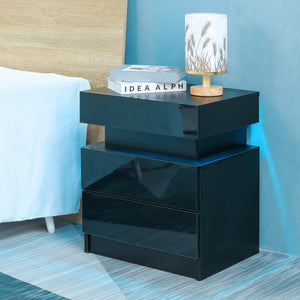 LED Nightstand Modern Black Nightstand with Led Lights Wood Led Bedside Table Nightstand with 2 High Gloss Drawers for Bedroom