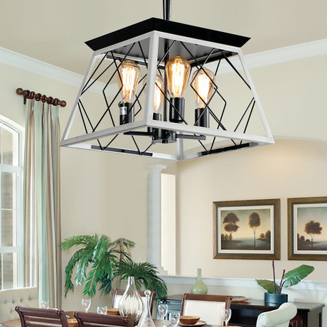 Elegant dining room chandelier featuring a geometric black and wood frame with four exposed bulbs, perfect for modern and rustic interiors. Ideal for illuminating dining spaces with a warm, inviting glow. Available now at BoltBuy.com