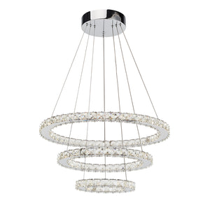 3-Layers Round Ring Chandelier, Iron Stainless Steel Crystal Chrome Color 4000K Natural White Lighting Fixtures, 60w LED Pendant Light For Living Room Dining Room