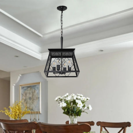 Elegant dining room chandelier featuring a geometric black and wood frame with four exposed bulbs, perfect for modern and rustic interiors. Ideal for illuminating dining spaces with a warm, inviting glow. Available now at BoltBuy.com