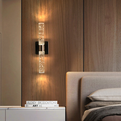 Modern crystal wall sconce with plating finish backplate, bubble crystal design, and integrated LED light, ideal for dining room ambiance and decor – available at Boltbuy.com