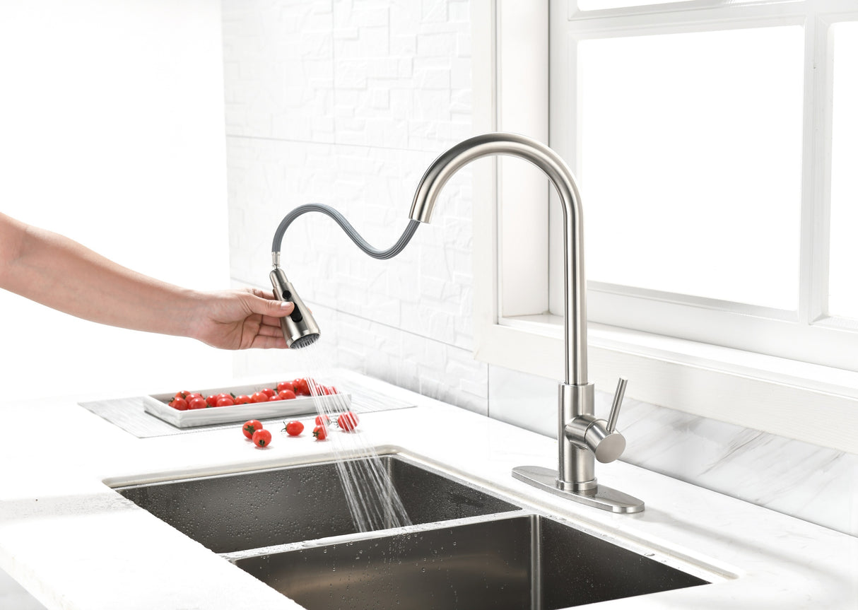 Single Handle High Arc Brushed Nickel Pull Out Kitchen Faucet