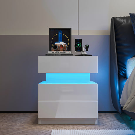 NEW LED Nightstand Modern White Nightstand with Led Lights Wood Led Bedside Table Nightstand with 2 High Gloss Drawers for Bedroom