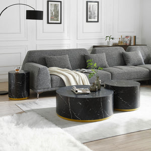 Set of 3 Black Marble Pattern  Round Coffee Table side Table End Table Set for Living Room Fully Assembled