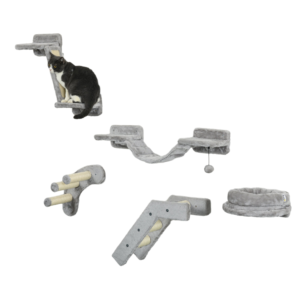 Wall-mounted modular cat furniture set featuring a hammock, platforms, and scratchers, designed to enhance vertical play and relaxation for your cat, blending seamlessly with modern home decor – available at BoltBuy.com.