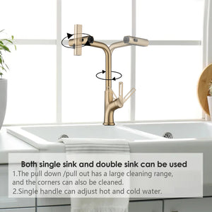 Brushed Gold Kitchen waterfall faucet with pull down sprayer