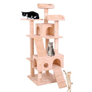 Beige multi-level cat tree with cozy perches, scratching posts, and a hidden cubby, perfect for providing cats a comfortable place to play, climb, and rest. Stylish and durable design for pet furniture lovers at BoltBuy.com.