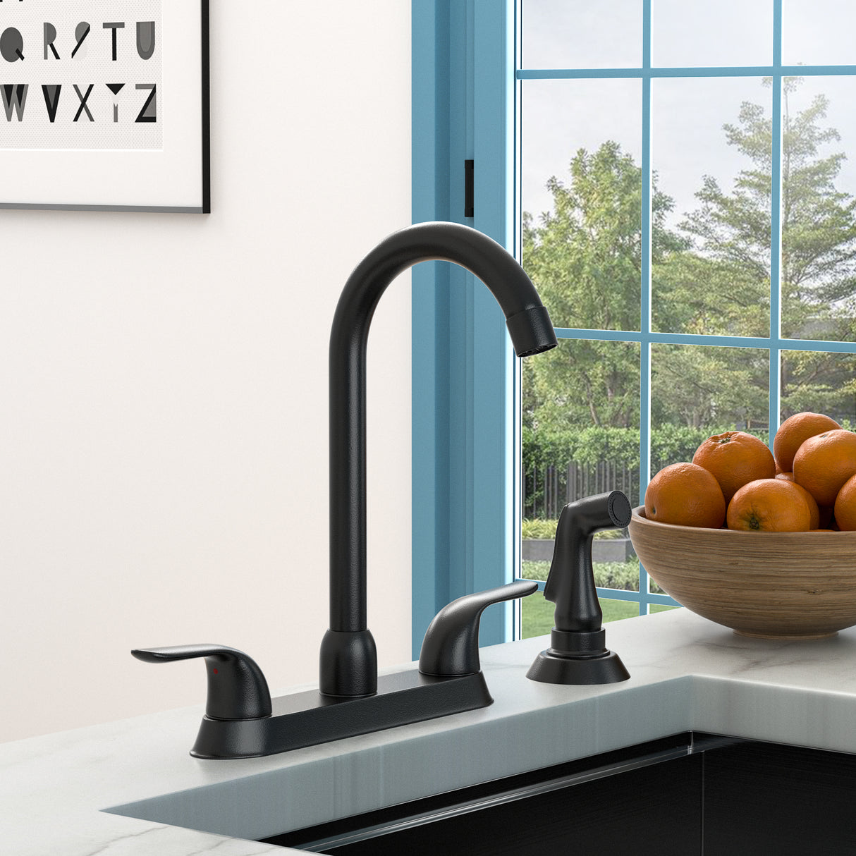 Kitchen Sink Faucet with 2 Handles and Pull-Out Side Sprayer Matte Black