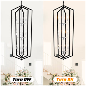 Modern black and silver 12-light geometric chandelier for dining rooms. Sleek LED & Lighting design with a unique cage frame, ideal for high ceilings. Perfect for creating elegant dining spaces. Available now at BoltBuy.com.