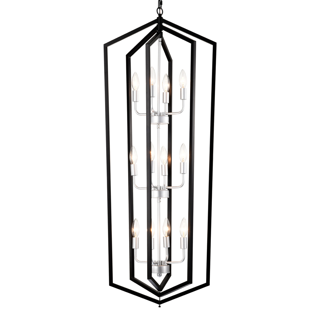 Modern black and silver 12-light geometric chandelier for dining rooms. Sleek LED & Lighting design with a unique cage frame, ideal for high ceilings. Perfect for creating elegant dining spaces. Available now at BoltBuy.com.