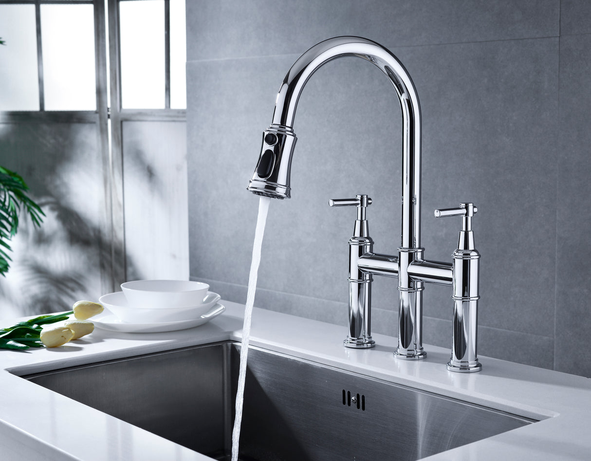 Bridge Kitchen Faucet with Pull-Down Sprayhead in Spot