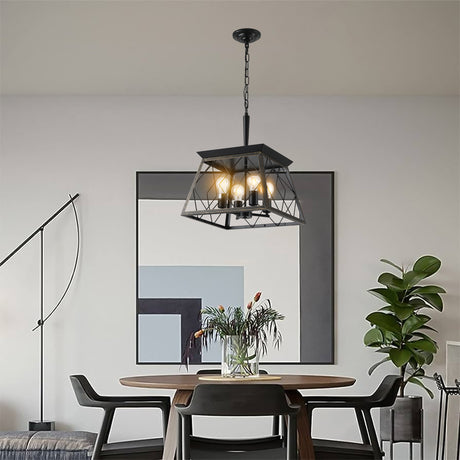 Elegant dining room chandelier featuring a geometric black and wood frame with four exposed bulbs, perfect for modern and rustic interiors. Ideal for illuminating dining spaces with a warm, inviting glow. Available now at BoltBuy.com