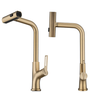 Brushed Gold Kitchen waterfall faucet with pull down sprayer