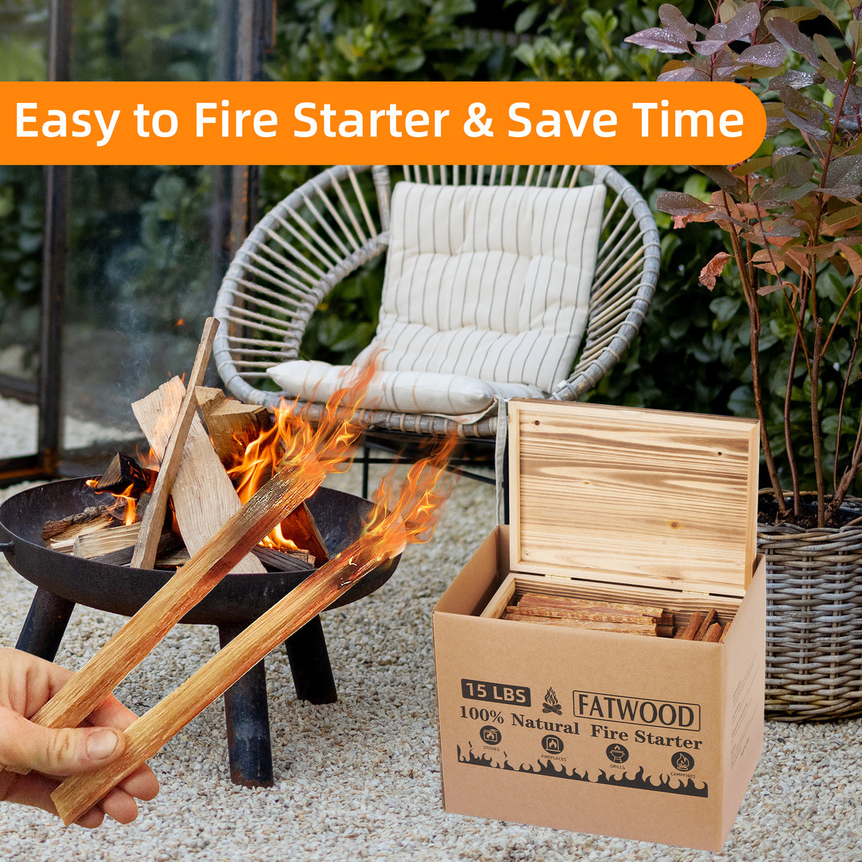 15 Lbs Fatwood Fire Starter Sticks with Wooden Box, 100% Natural Kindling wood, Pine Firewood Firestarter for Campfire, Stove, Fireplace, Bonfires, Grill