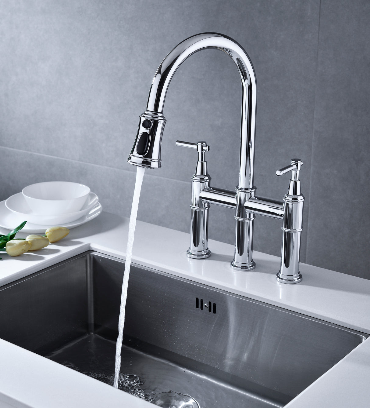 Bridge Kitchen Faucet with Pull-Down Sprayhead in Spot