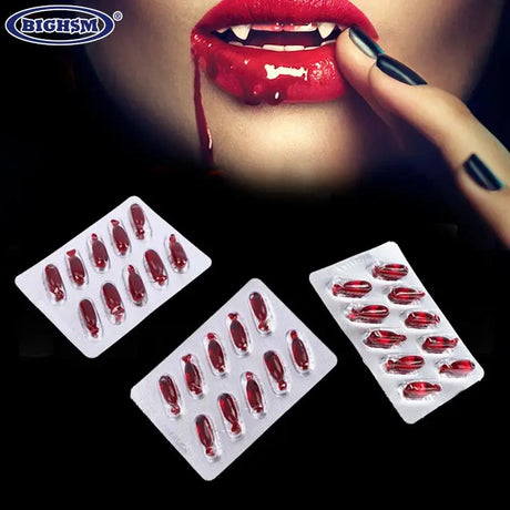 Halloween-themed fake blood capsules ideal for makeup effects, vampire costumes, and spooky events. Enhance your Halloween look with realistic blood capsules, perfect for pranks, parties, and theatrical performances. Available now on BoltBuy