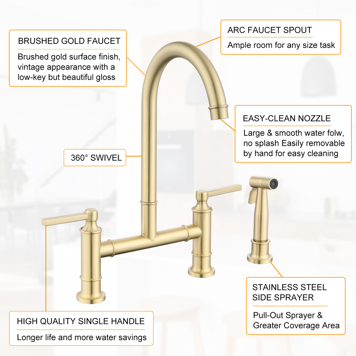 Double Handle Bridge Kitchen Faucet with Side Spray