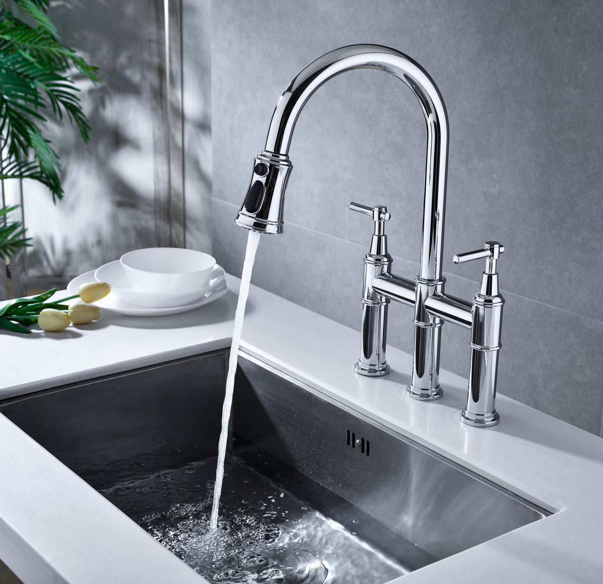 Bridge Kitchen Faucet with Pull-Down Sprayhead in Spot