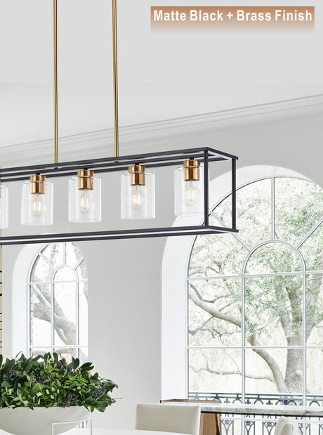 Modern industrial kitchen pendant lighting fixture with a sleek rectangular metal frame and glass cylinder shades, ideal for illuminating dining rooms or kitchens. Compatible with CFL, LED, and incandescent bulbs, offering a stylish and functional addition to home decor. Shop now on Boltbuy.com