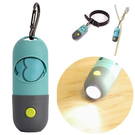 Pet poop bag dispenser with built-in LED light for easy clean-up during night walks, durable and convenient at BoltBuy.com